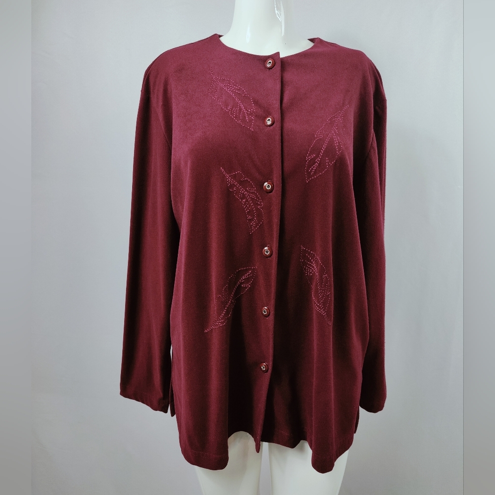 Vtg Company Collection Burgundy Leaf Embroidered button Down Sweater Blouse Sz L - Picture 5 of 13